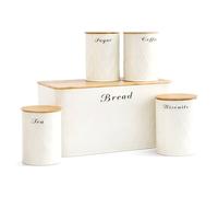 Oypla 5Pc Cream Bamboo Lid Kitchen Canister Storage Tin Set Bread Biscuits Tea Sugar Coffee