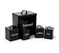 Oypla 5 Piece Black Kitchen Canister Storage Tin Set Bread Biscuits Tea Sugar Coffee