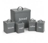 Oypla 5 Piece Grey Kitchen Canister Storage Tin Set Bread Biscuits Tea Sugar Coffee