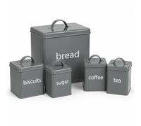 Oypla 5 Piece Grey Kitchen Canister Storage Tin Set Bread Biscuits Tea Sugar Coffee
