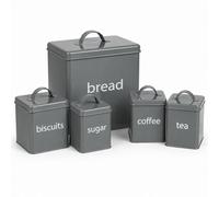 Oypla 5 Piece Grey Kitchen Canister Storage Tin Set Bread Biscuits Tea Sugar Coffee