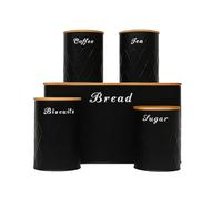 Oypla 5pc Black Bamboo Lid Kitchen Canister Storage Tin Set Bread Biscuits Tea Sugar Coffee