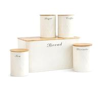 Oypla 5pc Bamboo Lid Kitchen Canister Storage Tin Set Bread Biscuits Tea Sugar Coffee (Cream)