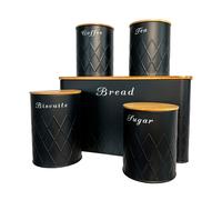 Oypla 5pc Black Bamboo Lid Kitchen Canister Storage Tin Set Bread Biscuits Tea Sugar Coffee