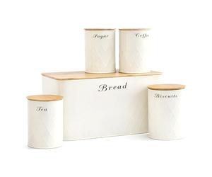 Oypla 5pc Cream Bamboo Lid Kitchen Canister Storage Tin Set Bread Biscuits Tea Sugar Coffee