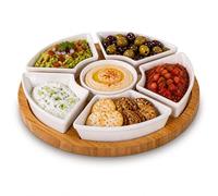 Oypla Rotating Bamboo Lazy Susan Snack Bowl Serving Platter with Ceramic Dishes