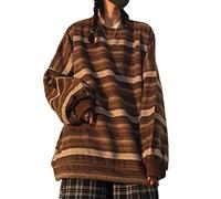 Oyrcvweuy Unisex Vintage Striped Long Sleeve Sweater Japanese Harajuku Oversized Knit Tops Rib Knit Tops for Women Coffee