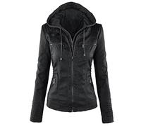 Oyrcvweuy Women Faux Leather Short Jacket with Detachable Hood Motorcycle Zip Up Outwear Detachable Hood Motorcycle