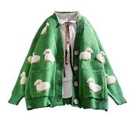 Oyrcvweuy Women Long Sleeve Knit Cardigan Cartoon Sheep Pattern Button Down Sweater Coat Harajuku Oversized Jacket with Pockets women jackets fashion long