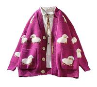Oyrcvweuy Women Long Sleeve Knit Cardigan Cartoon Sheep Pattern Button Down Sweater Coat Harajuku Oversized Jacket with Pockets women jackets fashion long