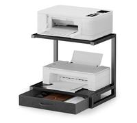OYRREU 2-Tier Desktop Printer Stand with Fabric Drawer and Open Shelf, Printer Table with Storage for Home Office, 3D Printers, Fax Machine, Scanner, Black