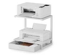 OYRREU 2-Tier Desktop Printer Stand with Fabric Drawer and Open Shelf, Printer Table with Storage for Home Office, 3D Printers, Fax Machine, Scanner, White
