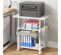 OYRREU 3 Tier Printer Stand on Wheels&Side Bag, Height Adjustable Printer Table with Fabric Drawer Storage, 56x38cm Pinter Shelf for Home Office Organization, fit Fax Scanner/3D Printer, White