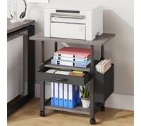 OYRREU 3 Tier Printer Stand on Wheels&Side Bag, Height Adjustable Printer Table with Fabric Drawer Storage, 56x38cm Pinter Shelf for Home Office Organization, fit Fax Scanner/3D Printer, White, Grey