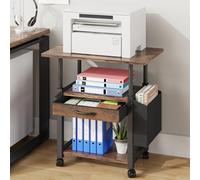 OYRREU 3 Tier Printer Stand with Fabric Drawer Storage, Printer Table on Wheels&Side Bag&Height Adjustable, 56x38cm Pinter Shelf for Home Office Organization, fit Fax Scanner/3D Printer, Rustic Wood