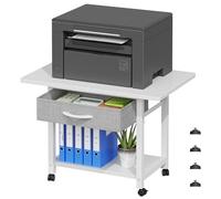 OYRREU Printer Stand on Wheels with Storage, Printer Table for Home Office | 2-Tier Under Desk Printer Stand, 56x38cm, Fabric Drawer, White, 4 Wheels (2 Lockable) , Holds 40kg, Easy Assembly