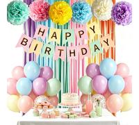 Oysqcmbs Pastel Birthday Decorations, Colorful Balloons Happy Birthday Banner Fringe Curtain Pompoms for Birthday Baby Shower Party Decorations