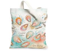 Oyster Canvas Tote Bag for Women, Coastal Artistic Water Wood Summer Turquoise Washable Reusable Small Tote Bags for Shoppi, Turquoise, 13x15 Inch