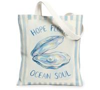 Oyster Canvas Tote Bag for Women, Coastal Minimalistic Pearl Shell Summer Light Blue Washable Reusable Grocery Bags for Shopping Brunch Park Library Day Trips 13x15 Inch