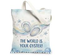 Oyster Canvas Tote Bag for Women, Summer Coastal Starfish Shell Summer Blue Washable Reusable Small Tote Bags Ideas for Out, Blue, 13x15 Inch