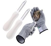 Oyster Shucking Knives and Gloves Set, 2 pcs Oyster Shucker Opener Knife with 1 Pair of Cut Resistant Level 5 Protection Gloves(XL Size), Clam Seafood Tools Kit Set with White Antiskid Rubber Handle