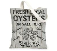 Oysters Canvas Tote Bag for Women, Rustic Vintage Lobsters Shrimps Summer Gray Washable Reusable Shopping Bag for Shopping Brunch Park Library Day Trips 13x15 Inch
