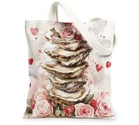 Oysters Shells Canvas Tote Bag for Shopping 13 * 15, Valentine's Day Cute Roses Reusable Grocery Bag for Women, Coastal Work Travel Painting Gift Decor