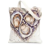 Oysters Shells Canvas Tote Bag for Shopping 13 * 15, Valentine's Day Heart Watercolor Reusable Grocery Bag for Women, Coastal Work Travel Painting Gift Decor