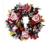 Oytrui Peony Wreath, Handcrafted Artificial Spring Garland with Roses and Peony Leaves for Door Wall Wedding Christmas Decor, 35cm Outer Diameter (Assorted Color)