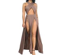 oytto Women Dress Sexy Halter Wrap Sleeveless Hollow Out Casual Plain Pleated Slit Long Maxi Dress (Apricot,M)