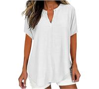 Oyuchga Muslin Blouse Women's Summer V-Neck Cotton Linen Shirt Blouse Elegant Plain Short Sleeve Long Blouse Modern Tops Shirt Baggy Comfortable Lenien Blouse Light Tunic Tops, A white, M