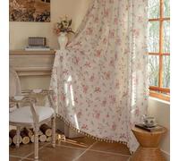 OYX Boho Curtains 63 in Long, Floral Pink Printed Curtains, Semi Sheer Floral Curtains, Rod Pocket Farmhouse Boho Curtains for Living Rooms Bedroom Curtains 2 Panel Sets Breathable with Rustic Charm