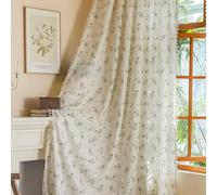 OYX Boho Floral Spring Semi Sheer Curtains 84 Inch Length 2 Panels, Linen Texture Farmhouse Light Filtering Curtains Beige Tassel for Bedroom Living Room Vintage Rustic Patterned Printed Rod Pocket