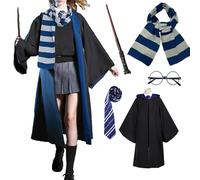 OYYJIG Magician Robe for Adult Teens,Wizard School Costume Wizard wand, scarf, glasses, tie five-piece set for Men Women(Blue,XL)