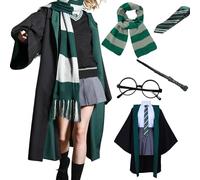OYYJIG Magician Robe for Adult Teens,Wizard School Costume Wizard wand, scarf, glasses, tie five-piece set for Men Women(Green,XL)