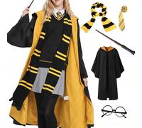 OYYJIG Magician Robe for Adult Teens,Wizard School Costume Wizard wand, scarf, glasses, tie five-piece set for Men Women(Yellow,XXL)