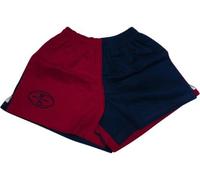 Oz OverBoots Muck & Maul Two Tone Harlequin Rugby Shorts - Durable 100% Cotton Drill with Deep Pockets, Tie Cord & Side Vents - Ideal for Rugby, Workwear & Young Farmers - XS/Burgundy and Navy