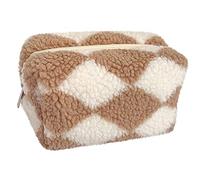 OZAOZ Checkered Makeup Bag, Checkered Plush Cosmetic Bag, Asthetic Plaid Handbags, Cute Zipper Large Travel Toiletry Bag, Khaki, Checkered Makeup Bag Fuzzy Makeup Bag Sherpa Makeup Bag