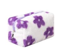 OZAOZ Checkered Makeup Bag Plush Cosmetic Bag Asthetic Plaid Handbags Cute Zipper Travel Toiletry Bag Soft Storage Pouch Pencil Case Bag for Women Girls, Flower-Purple, Checkered Makeup Bag Fuzzy