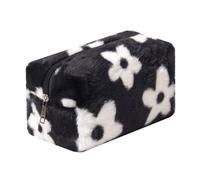 OZAOZ Checkered Makeup Bag Plush Cosmetic Bag Asthetic Plaid Handbags Cute Zipper Travel Toiletry Bag Soft Storage Pouch Pencil Case Bag for Women Girls, Flower-Black, Checkered Makeup Bag Fuzzy