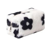 OZAOZ Checkered Makeup Bag Plush Cosmetic Bag Asthetic Plaid Handbags Cute Zipper Travel Toiletry Bag Soft Storage Pouch Pencil Case Bag for Women Girls, Flower-White, Checkered Makeup Bag Fuzzy