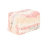 OZAOZ Checkered Makeup Bag Plush Cosmetic Bag Asthetic Plaid Handbags Cute Zipper Travel Toiletry Bag Soft Storage Pouch Pencil Case Bag for Women Girls, Rainbow-Pink, Checkered Makeup Bag Fuzzy