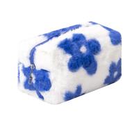 OZAOZ Checkered Makeup Bag Plush Cosmetic Bag Asthetic Plaid Handbags Cute Zipper Travel Toiletry Bag Soft Storage Pouch Pencil Case Bag for Women Girls, Flower-Blue, Checkered Makeup Bag Fuzzy Makeup