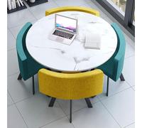 OZBMA Simple Round Dining Table and Chair Set of 4, Business Negotiation Combination Small Coffee for 4 - Gifts (Yellow blue Cloth + Circle)