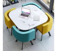 OZBMA Simple Round Dining Table and Chair Set of 4, Business Negotiation Combination Small Coffee for 4 - Gifts (Yellow blue Cloth + Square)