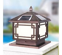 OZBMA Traditional Exterior Lamp with Solar Powered Dimmable Post Cap Lights Remote Control 3 Light Sources Adjustable Pillar Lantern, Outdoor Decorative Floor-Dark-36cm (Brown 32cm)