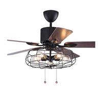 OZBME Ceiling Fan 48 Inch Retro Light Wood Reversible Blade Chandelier Remote Control Iron Cage For Living Room With (A black)