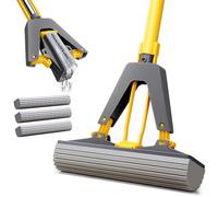 OZD Sponge Mop, Floor Mops with 3 Replaceable PVA Sponge Heads, Stainless Steel Handle & Hands-Free Wringer Squeezy Mops, Super Absorbent for Hardwood, Laminate, Tile Floors Cleaning