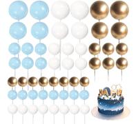 OZDEMIR 54Pcs Blue, White & Gold Cake Balls, Ball Cake Topper Decorations, 18 Pcs Each Color, 4 Sizes, Birthday & Wedding Cake Toppers