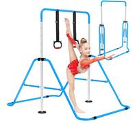 OZE SPORTS Kids Gymnastics Bar Kip Trainer with Rings - Adjustable Height, Sturdy & Safe Training Horizontal Bar for Home Practice, Foldable Gymnastics Equipment for Boys & Girls (Blue)